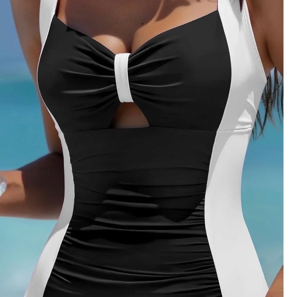 NWT Popvil Women One Piece Tummy Control Black White Ruched‎ Waist Swimsuit XL